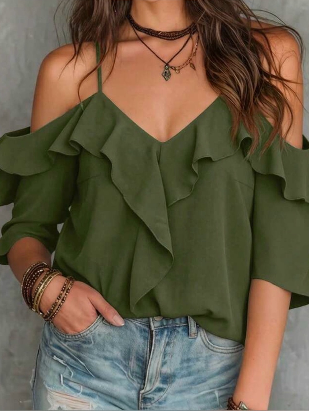 Boho Ruffle Detail Cold Shoulder Blouse - Picture 2 of 5